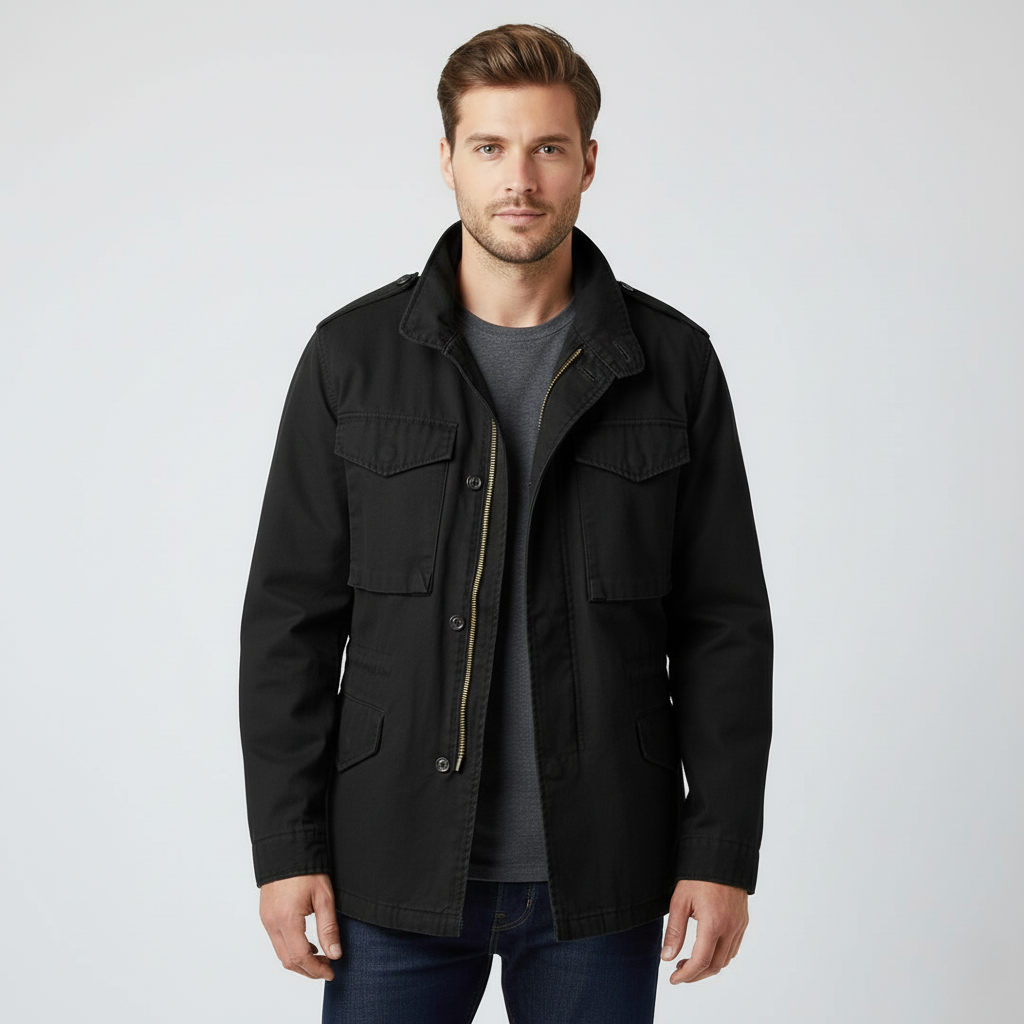 Men's olive green field jacket with rugged structured silhouette and multi-pocket flap utility design
