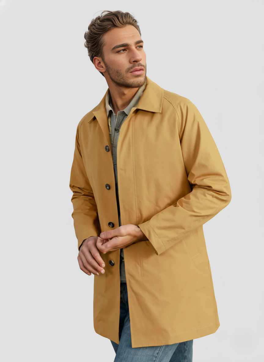 Men's lightweight khaki trench coat tailored silhouette with button-down front for transitional weather