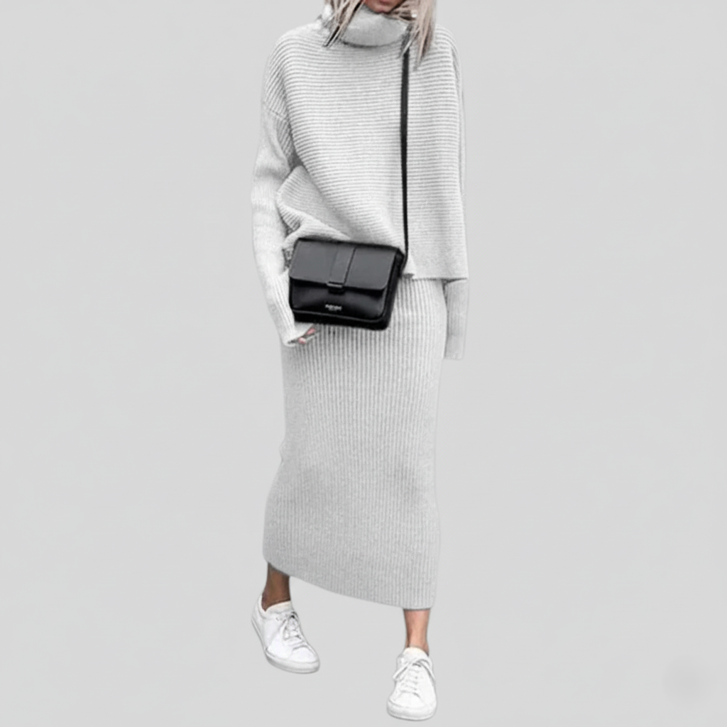 Women's ribbed knit turtleneck and slim-fit midi skirt two-piece set in coordinated tone