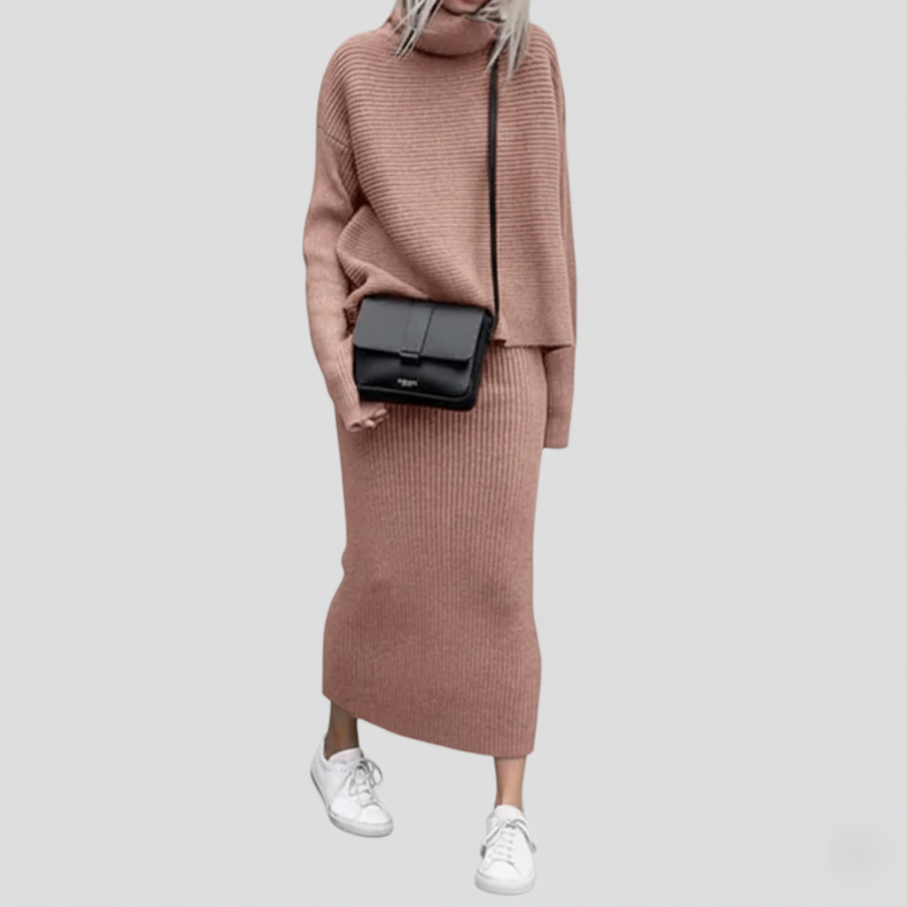 Women's ribbed knit turtleneck and slim-fit midi skirt two-piece set, coordinated cozy chic look
