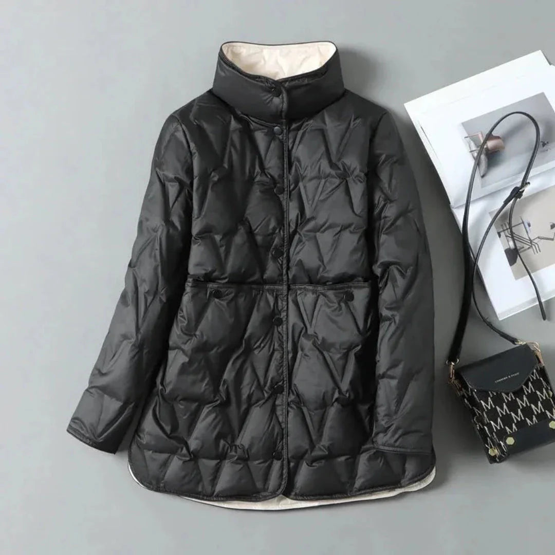 Georgia quilted down jacket with geometric pattern, cinched waist, and high-neck collar
