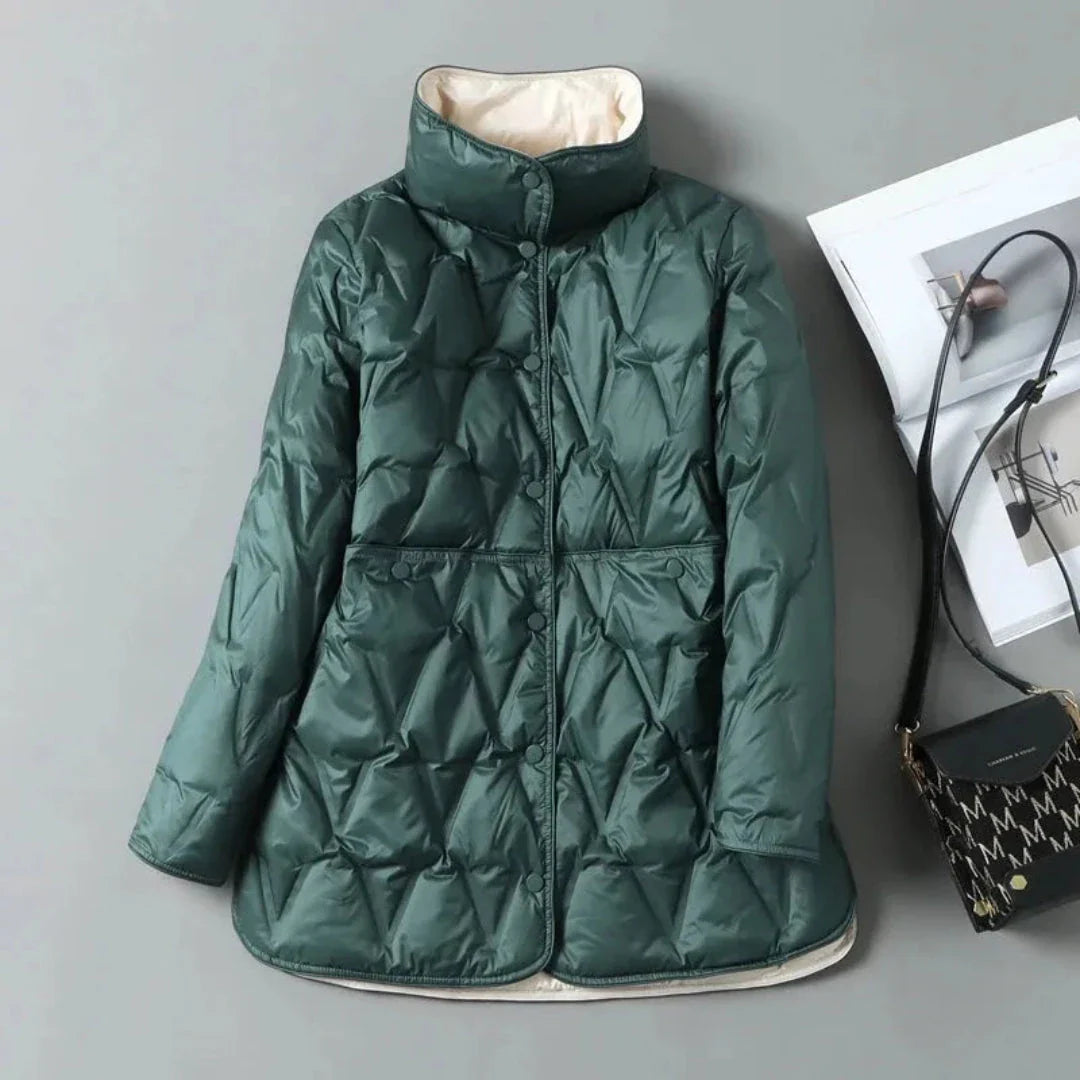 Georgia quilted down jacket with geometric pattern, cinched waist, and high-neck collar