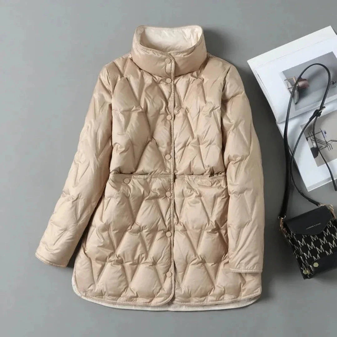 Georgia quilted down jacket with geometric pattern, cinched waist, and high-neck collar