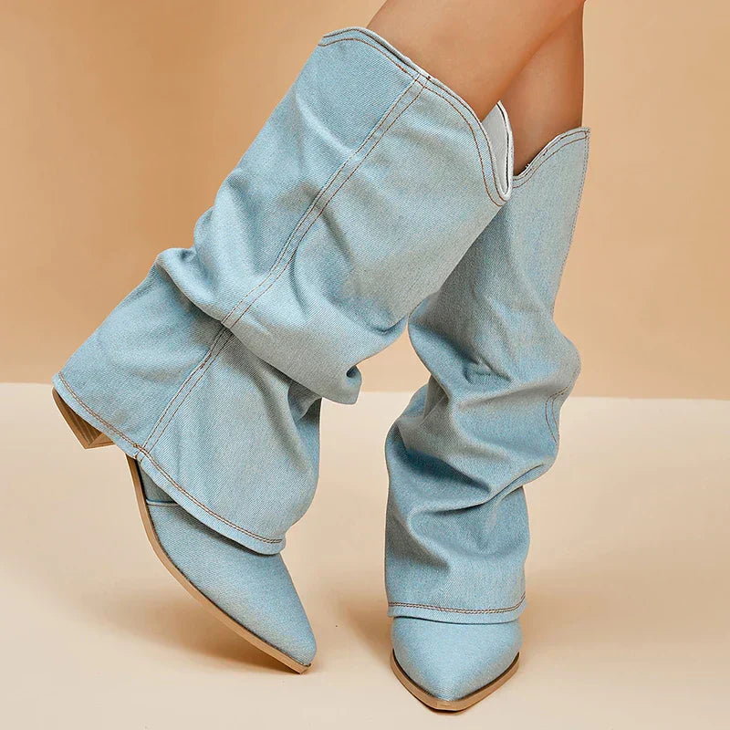 Denim-texture vegan leather knee-high slouch boots in blue casual-chic style for transitional season