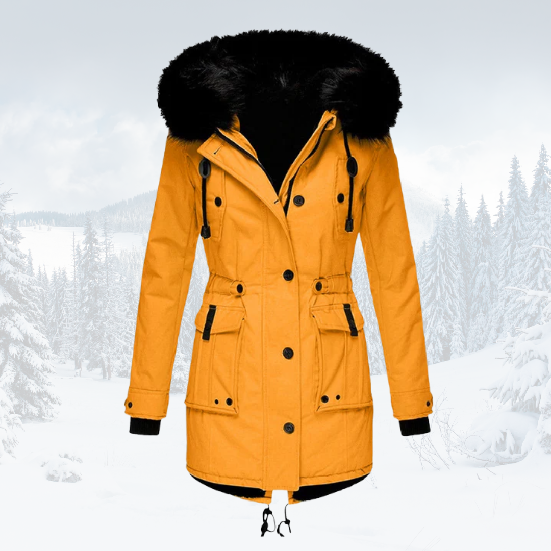 Women's windproof parka jacket with fur-lined hood, tailored fit, adjustable waist, cold-weather style