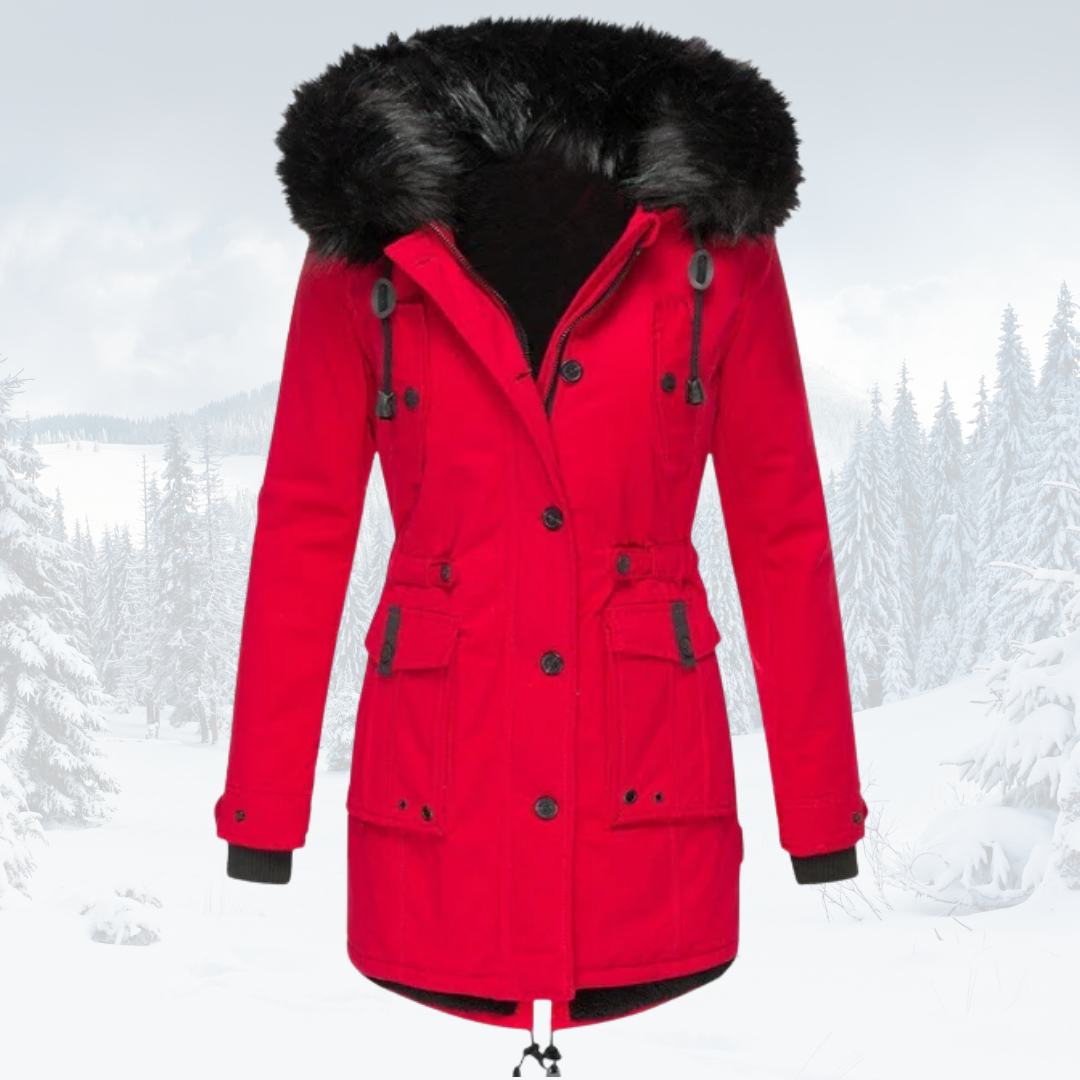 Women's windproof parka jacket with fur-lined hood, tailored fit, adjustable waist, cold-weather style