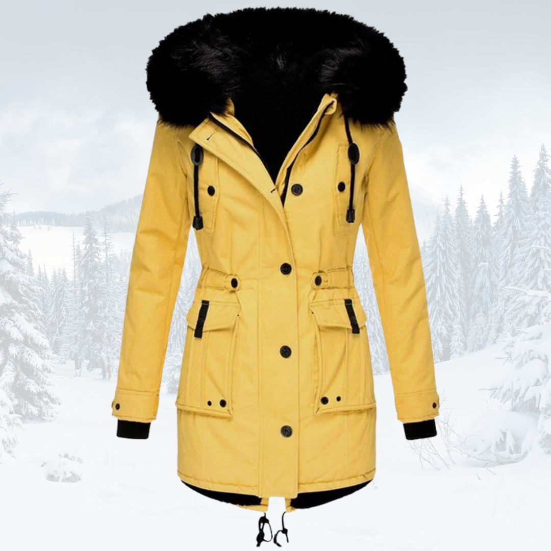 Dark windproof parka jacket with fur-lined hood, tailored fit and adjustable waist for cold-weather style