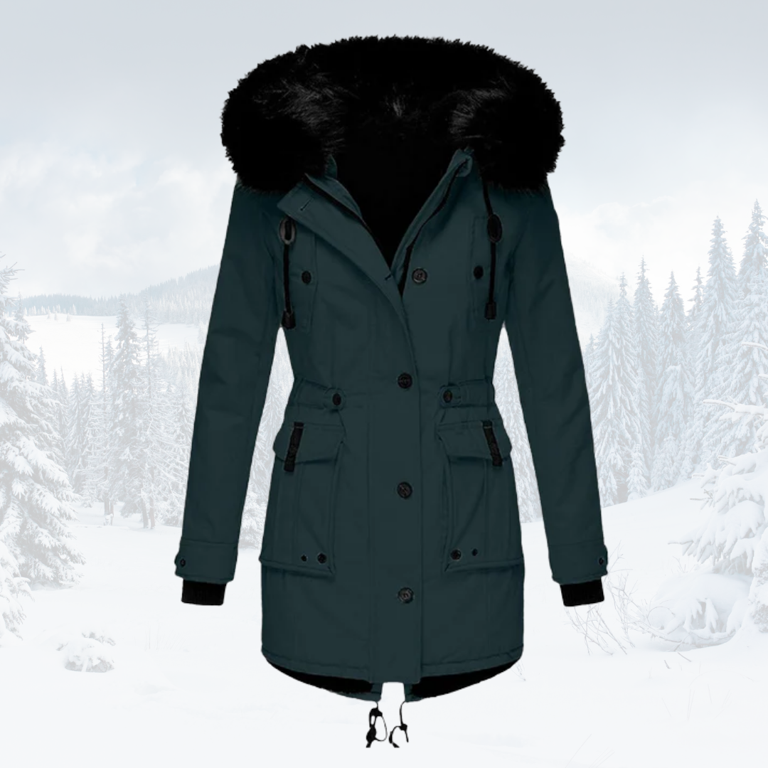 Women's windproof parka jacket with fur-lined hood, tailored fit, adjustable waist for cold weather