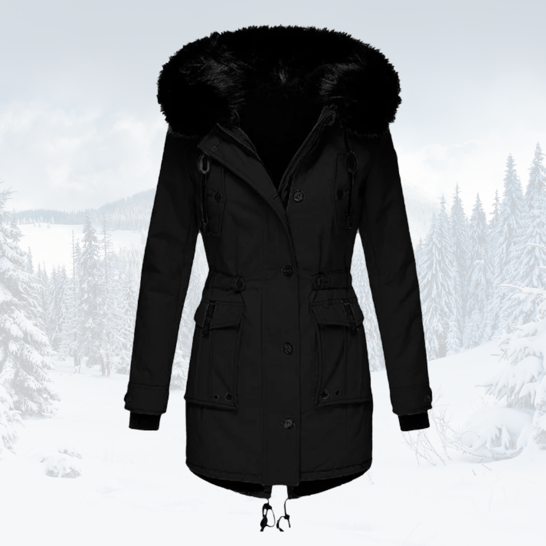 Women's windproof parka jacket with fur-lined hood, tailored fit, adjustable waist, cold-weather style