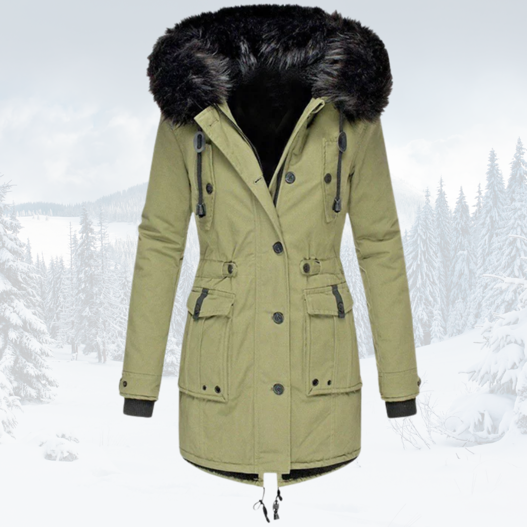 Women's windproof parka jacket with fur-lined hood, tailored fit, adjustable waist, cold-weather style