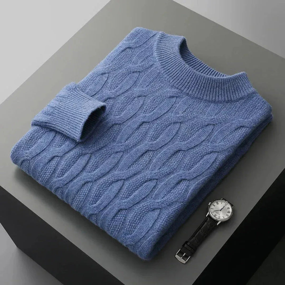 Gianni cream cable-knit cashmere crew neck sweater with jacquard pattern and ribbed trims