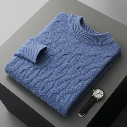 Gianni cream cable-knit cashmere crew neck sweater with jacquard pattern and ribbed trims