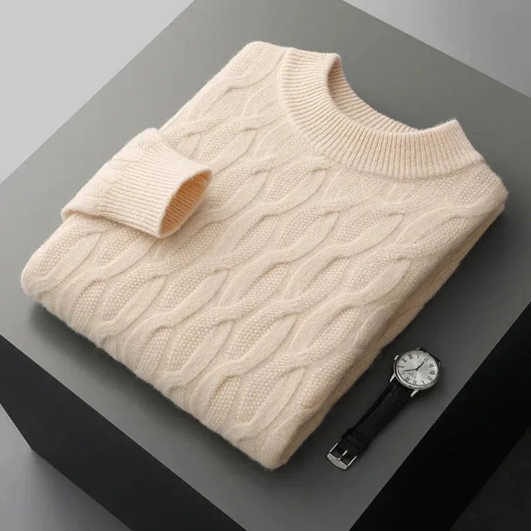 Gianni cable-knit jacquard cashmere sweater in neutral tone with crew neckline and ribbed trims