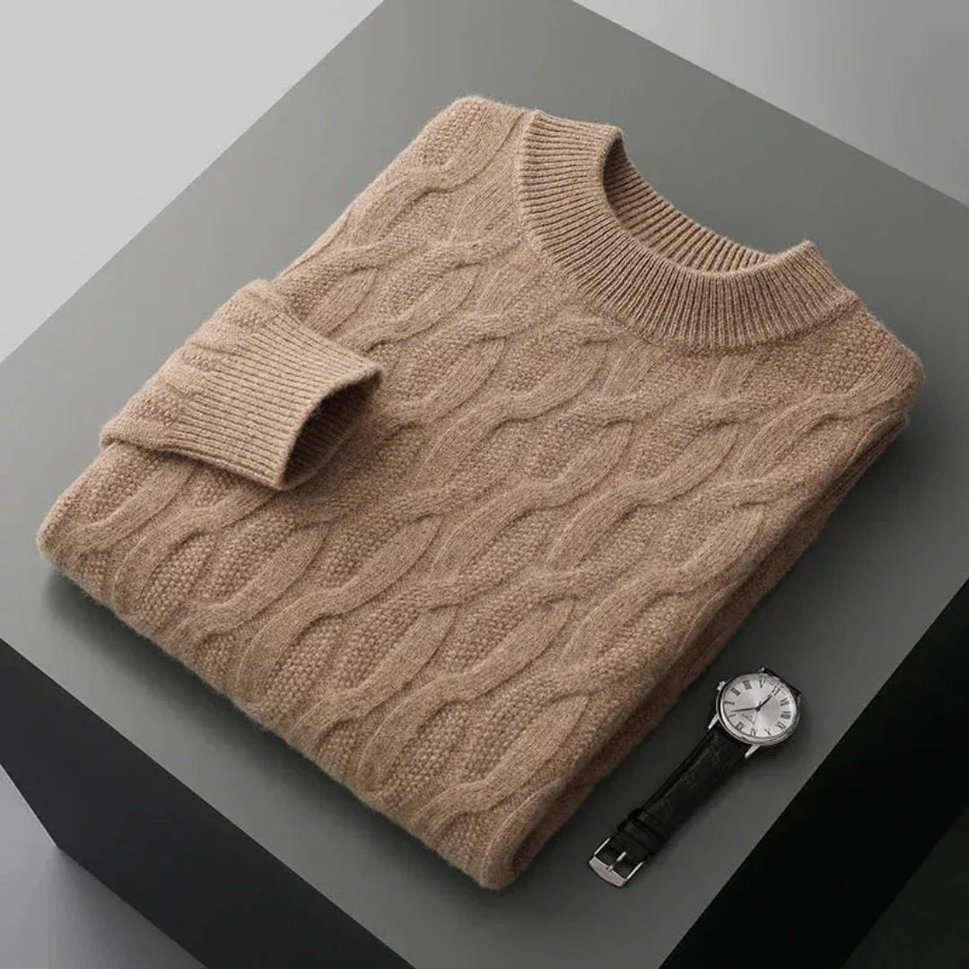 Gianni cream cable-knit jacquard cashmere crew neck sweater with ribbed trims