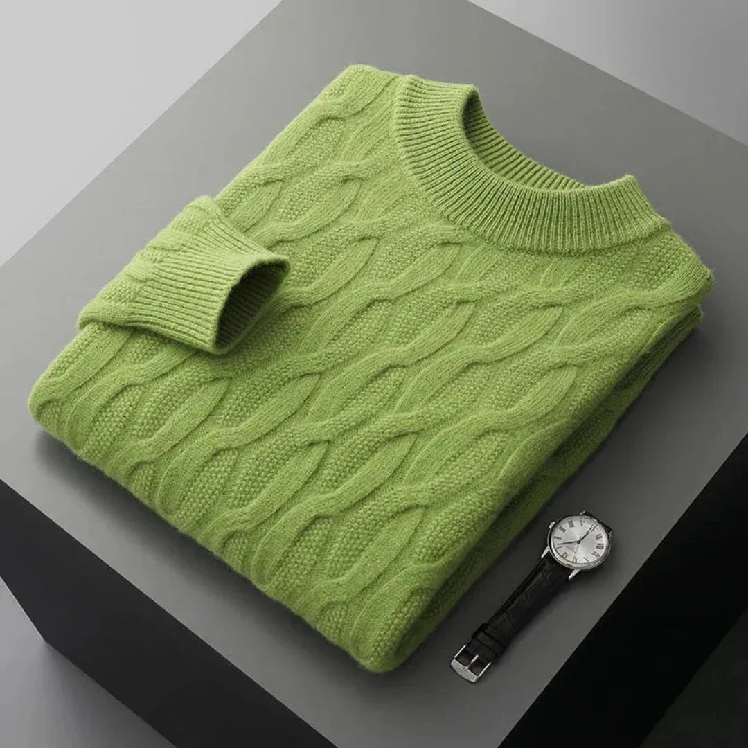 Gianni ivory cable-knit cashmere crew neck sweater with jacquard pattern and ribbed trims