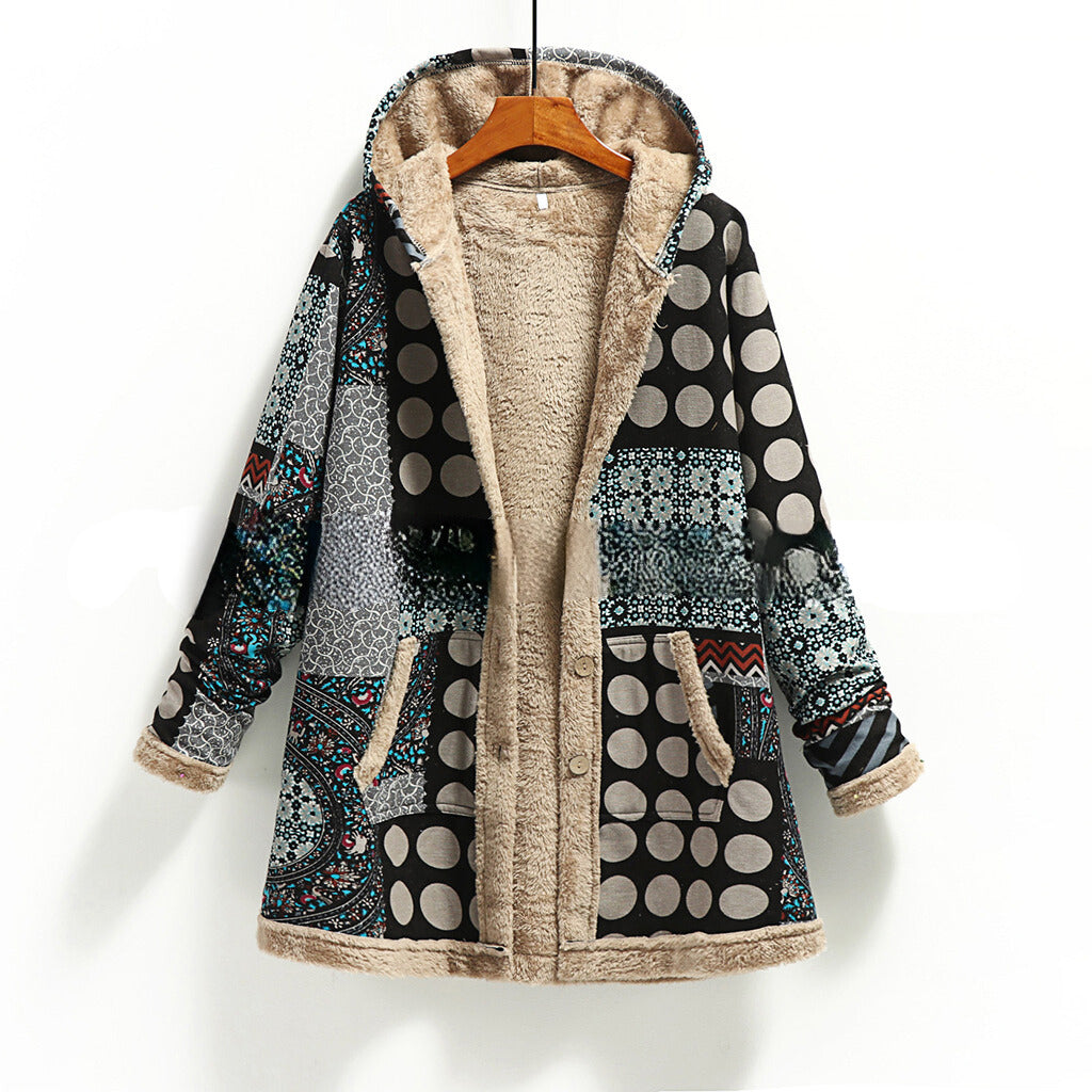 Multicolor fuzzy patchwork jacket loose fit hooded wool-poly blend with cozy relaxed silhouette
