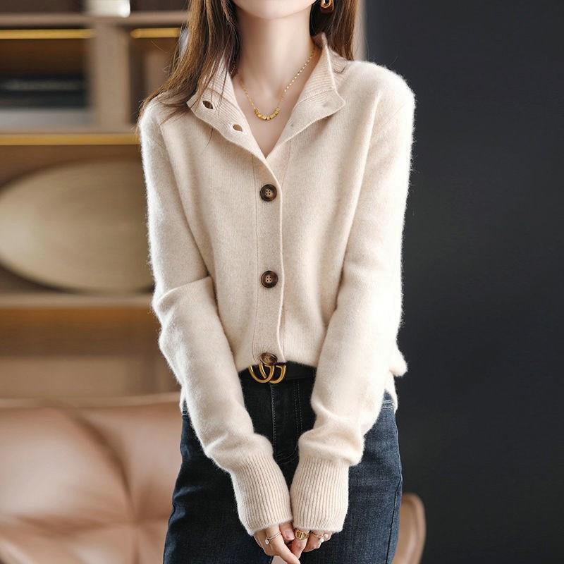 Giuliana Veneto ivory turtleneck cardigan with ribbed cuffs and stylish button front closure
