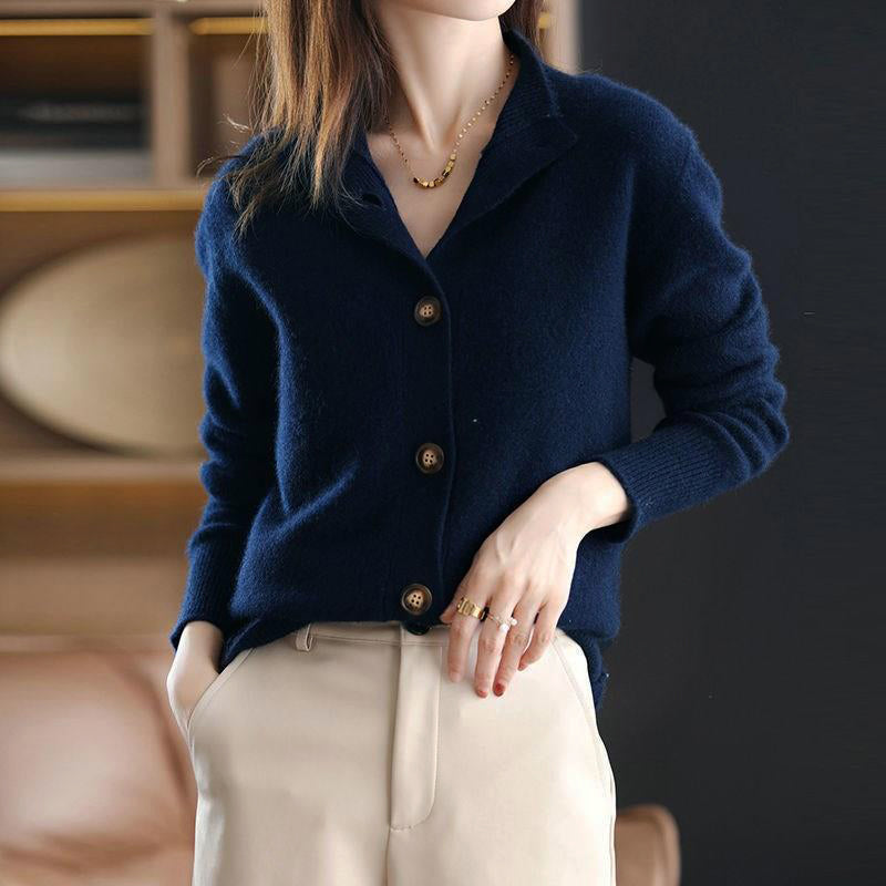 Giuliana Veneto ivory high-neck cardigan with ribbed cuffs, stylish buttons, and premium polyester blend