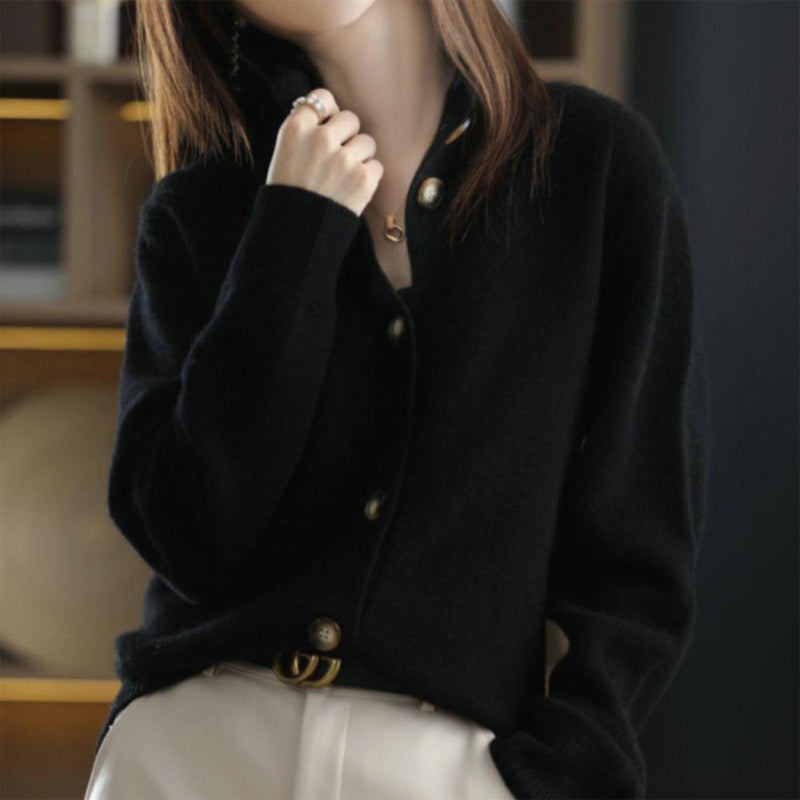Giuliana Veneto ivory turtleneck cardigan with ribbed cuffs and elegant button front closure