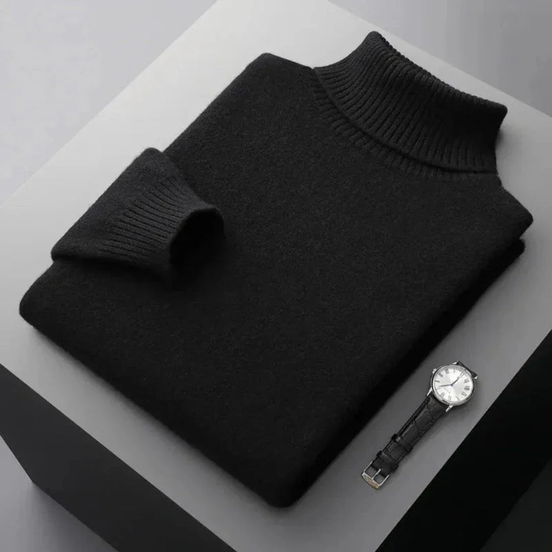 Glen pure wool turtleneck sweater with ribbed collar, cuffs, and hem for a refined relaxed fit