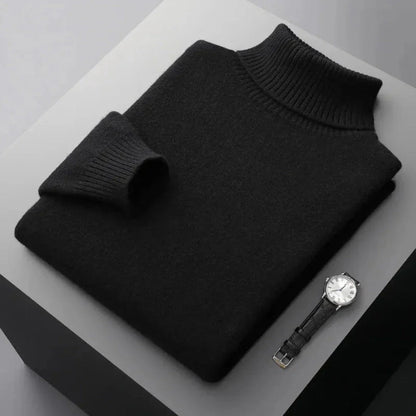 Glen pure wool turtleneck sweater with ribbed collar, cuffs, and hem for a refined relaxed fit