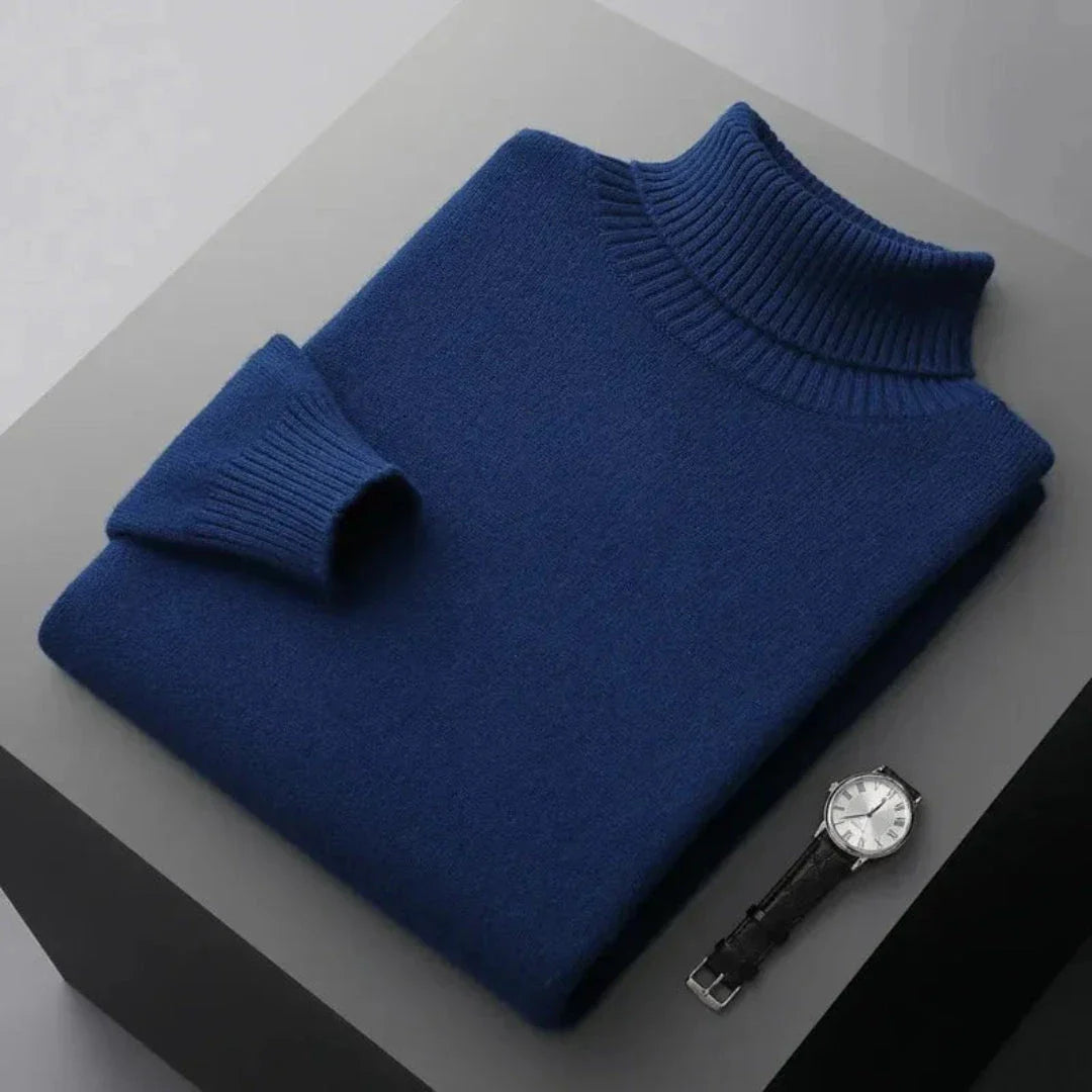 Glen pure wool turtleneck sweater with ribbed collar, cuffs, and hem for a refined relaxed fit