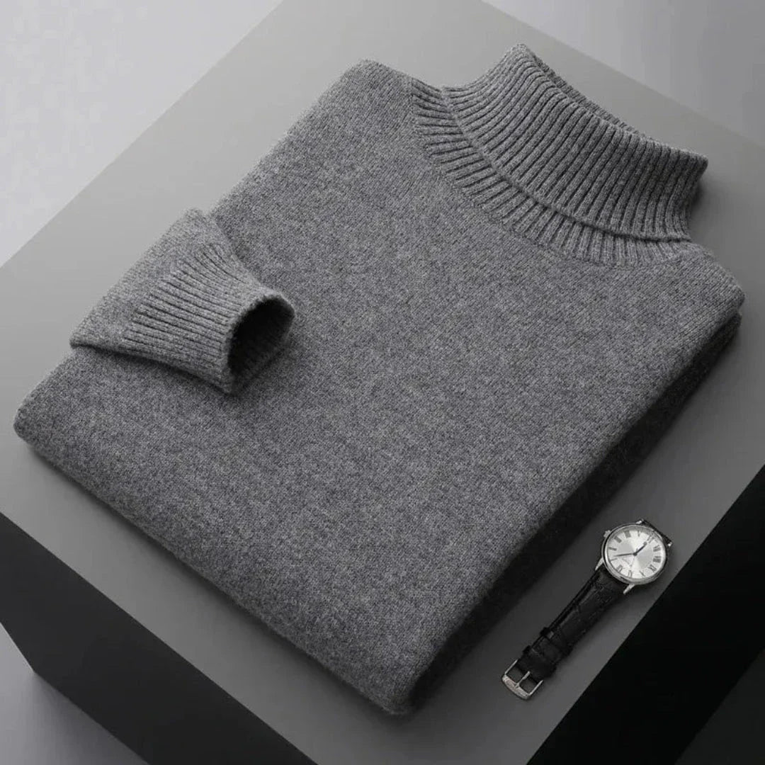 Glen pure wool turtleneck sweater with ribbed collar, cuffs, and hem for a refined relaxed fit