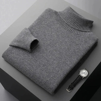Glen pure wool turtleneck sweater with ribbed collar, cuffs, and hem for a refined relaxed fit