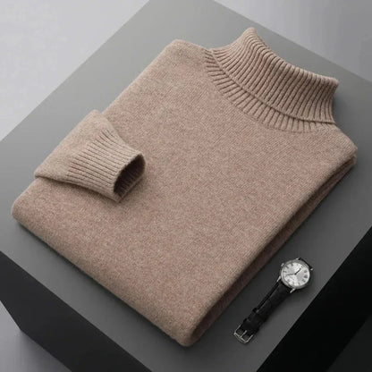 Glen pure wool turtleneck sweater with ribbed collar, cuffs, and hem for refined relaxed fit