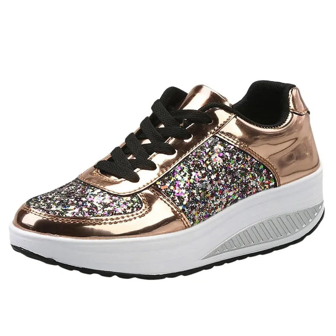 Women's cushioned platform sneakers in glitter fabric upper, stylish design with comfortable fit