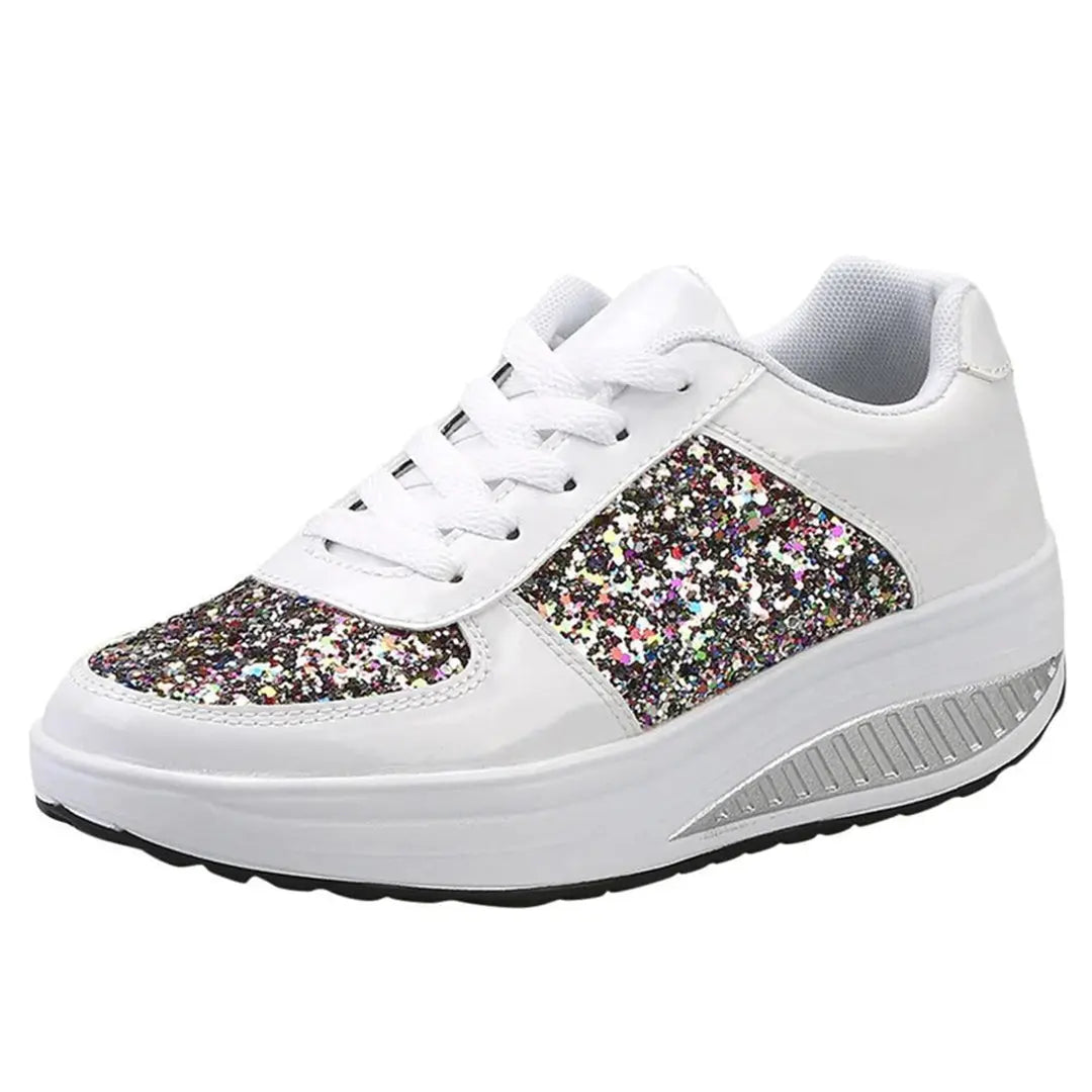 Women's cushioned platform sneakers with glitter fabric upper, stylish lift and all-day comfort fit