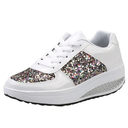 Women's cushioned platform sneakers with glitter fabric upper, stylish lift and all-day comfort fit