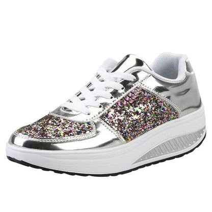 Women's cushioned platform sneakers in glitter fabric, stylish height-boosting design for all-day comfort