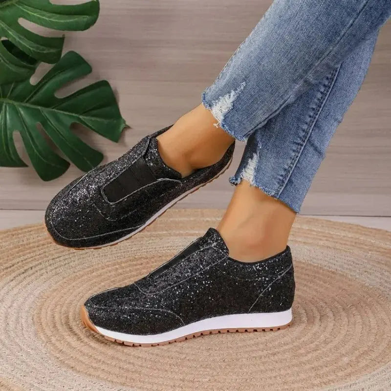 Women's glitter slip-on sneakers with elastic bands, sparkling upper, casual-chic style
