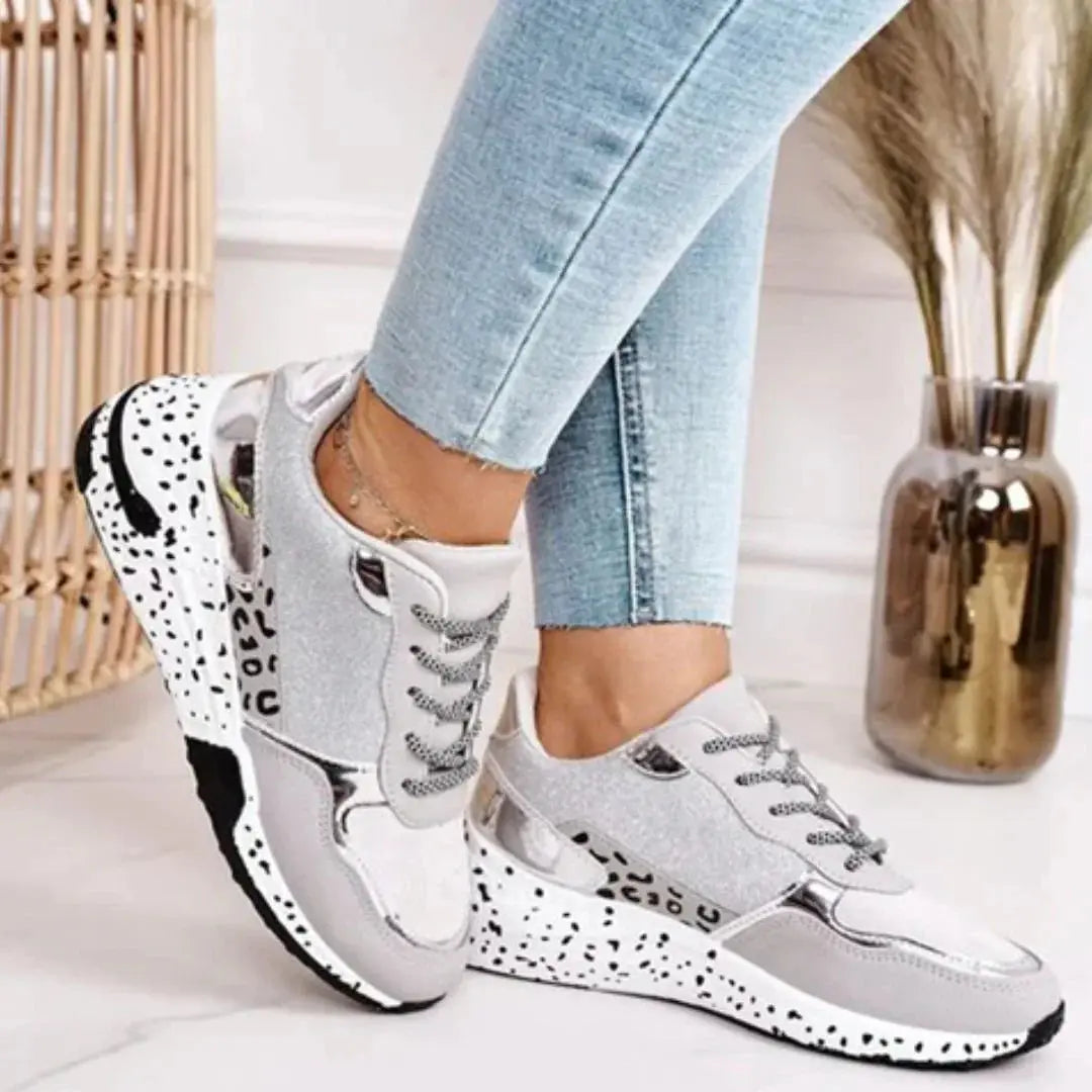 Women's cushioned sneakers glittery finish metallic accents stylish all-season comfortable fit