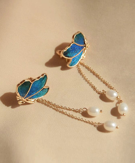 Boucles d'oreilles pendantes papillon à pampilles en perles et cuivre bleu dégradé - Wavlynn