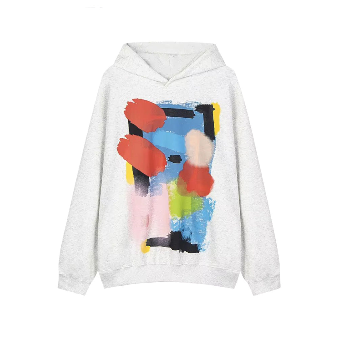 Black loose-fit cotton hoodie with bold vandal painted graphic artwork, midweight streetwear style