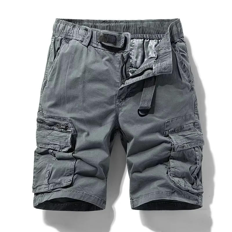 Men's camouflage cargo shorts knee-length cut with six utility pockets and elastic drawstring waistband