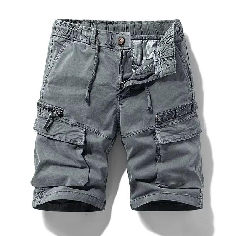 Men's camouflage cargo shorts knee-length cut with six-pocket utility system and elastic drawstring waist