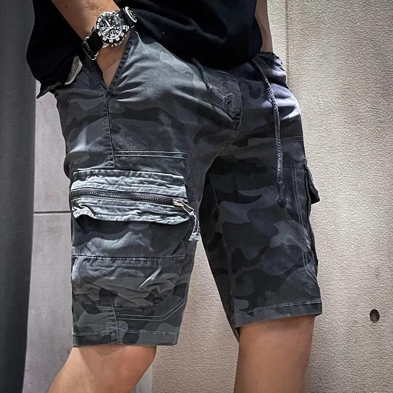 Men's camouflage cargo shorts knee-length cut six-pocket utility design with elastic drawstring waistband