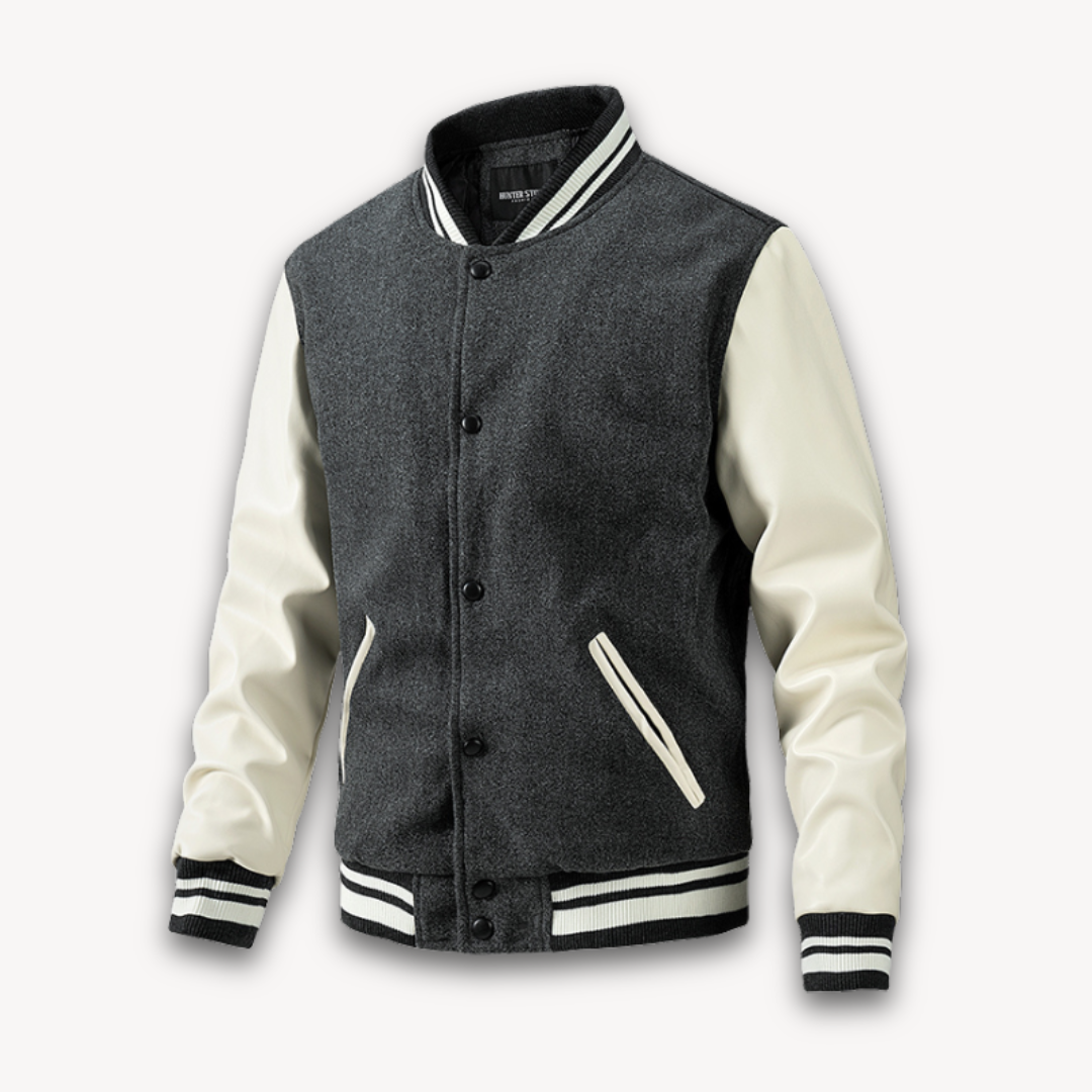 Men's classic fit varsity jacket with wool-look body, leather sleeves, and ribbed trim