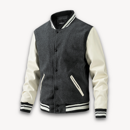 Men's classic fit varsity jacket with wool-look body, leather sleeves, and ribbed trim