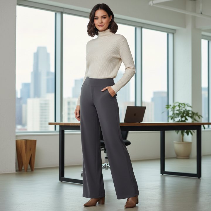 Black wide-leg high-rise trousers with sleek front panel and relaxed silhouette for polished everyday style