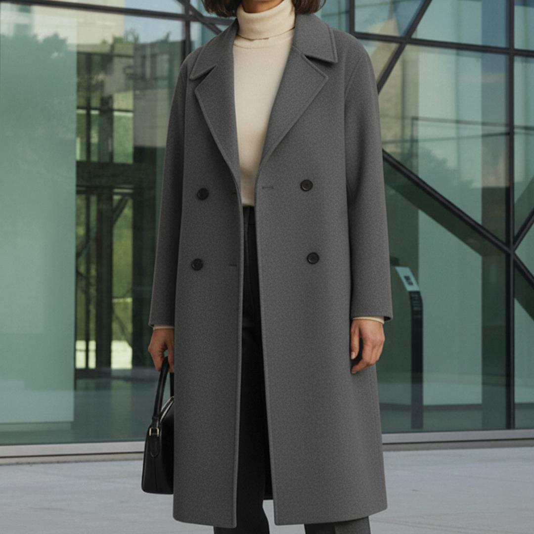 Women's beige double-breasted knee-length trench coat with large lapels, elegant sophisticated fit