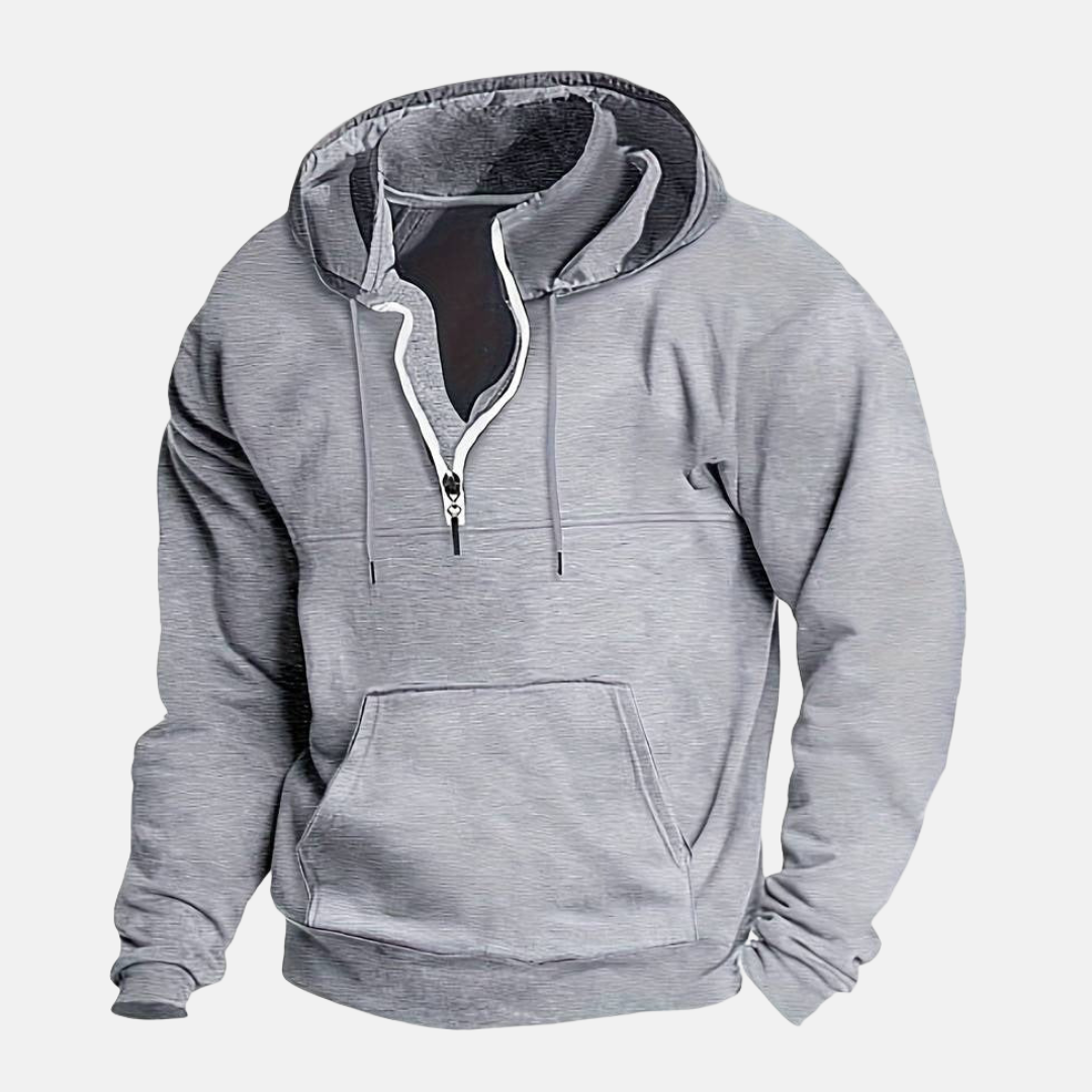Men's cotton blend quarter-zip hoodie with layered collar, relaxed modern fit for everyday wear
