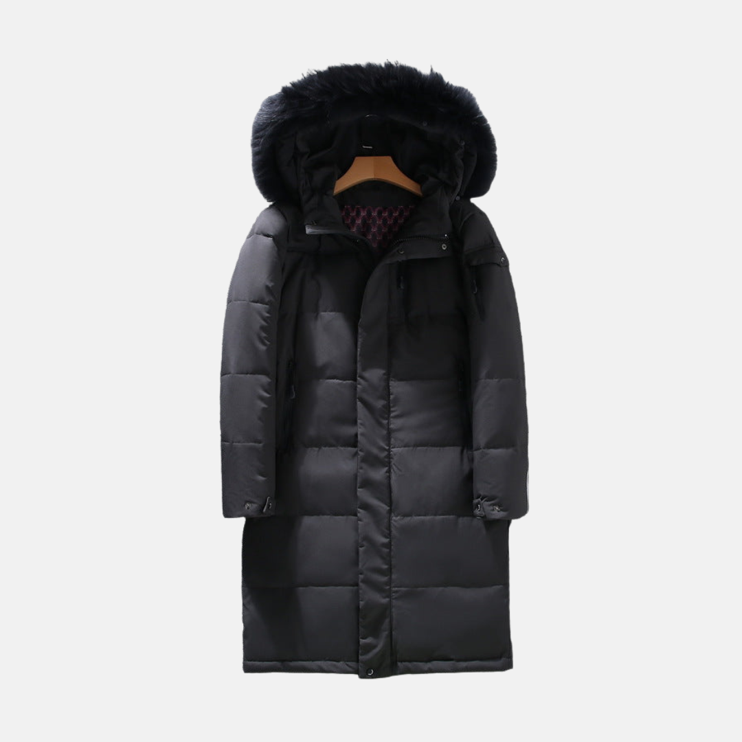 Men's longline black puffer coat with faux fur trim hood, matte exterior, urban winter style
