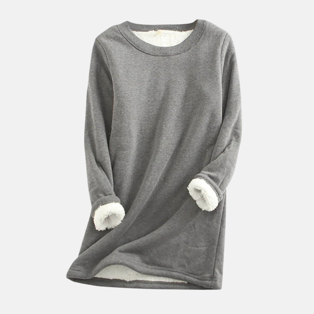 Women's plush-lined knit sweatshirt relaxed fit crew neck tunic length straight silhouette