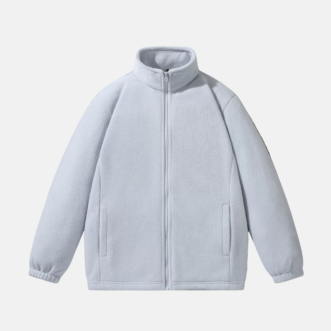 Men's gray fleece jacket relaxed fit full-zip stand-up collar lightweight winter outerwear by Wavlynn