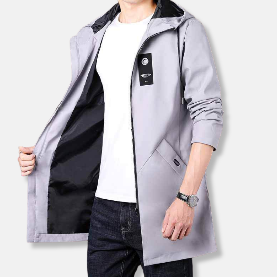 Men's mid-thigh woven hooded coat zipper closure smart casual relaxed sophisticated fall outerwear