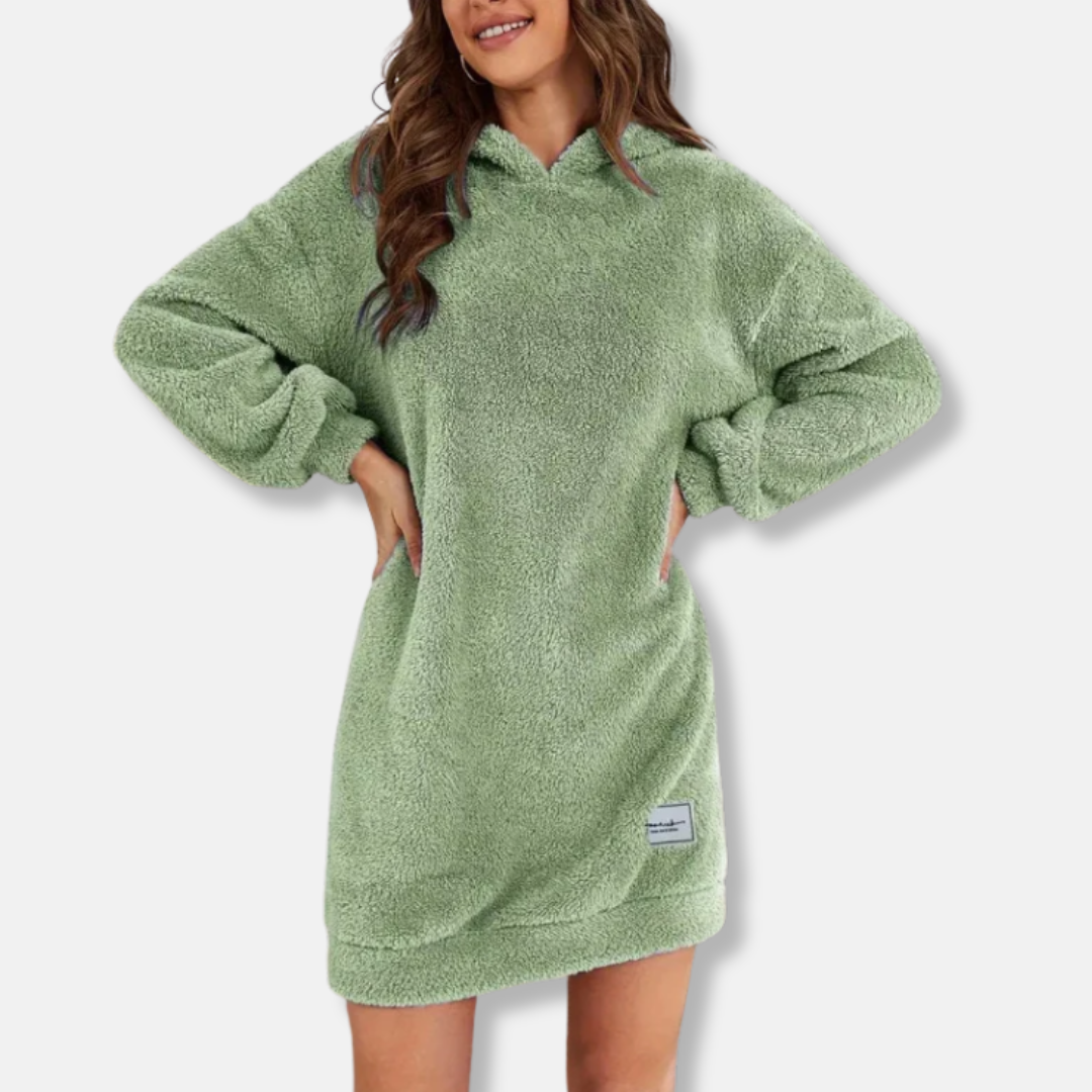 Women's oversized fleece hoodie mini dress long sleeve lounge wear with ribbed cuffs